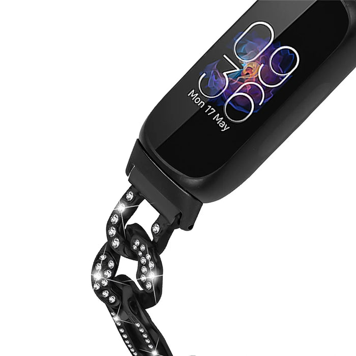 For Fitbit Inspire 3 Alloy Metal Watch Band Bling Rhinestone Decor Bracelet Strap - Black - 4