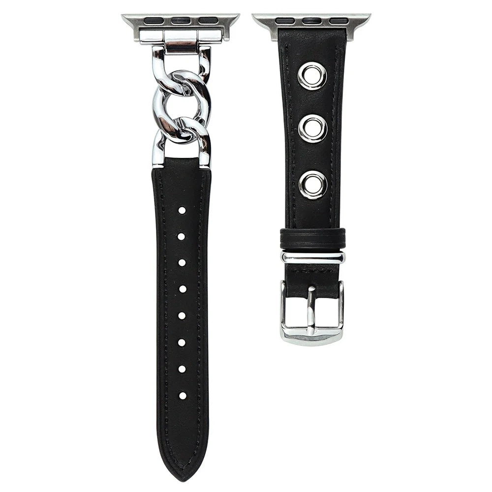 Watch Strap for Apple Watch Series 11 10 42mm / 9 8 7 41mm / SE3 SE2 SE 6 5 4 40mm / 3 2 1 38mm Watch Band Genuine Cow Leather Chain Hole Strap - Black+Silver Buckle - 1