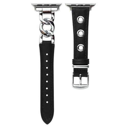 Watch Strap for Apple Watch Series 11 10 42mm / 9 8 7 41mm / SE3 SE2 SE 6 5 4 40mm / 3 2 1 38mm Watch Band Genuine Cow Leather Chain Hole Strap - Black+Silver Buckle - 1