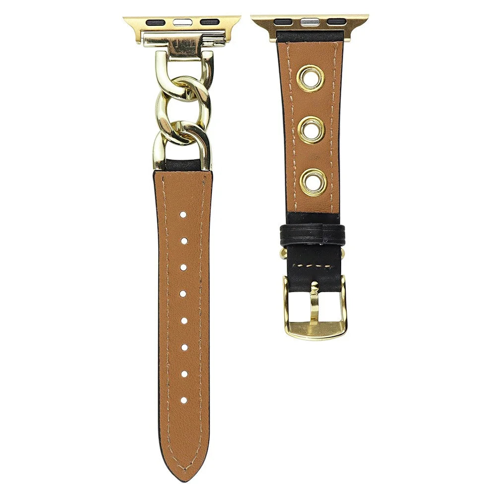 Watch Strap for Apple Watch Series 11 10 42mm / 9 8 7 41mm / SE3 SE2 SE 6 5 4 40mm / 3 2 1 38mm Watch Band Genuine Cow Leather Chain Hole Strap - Black+Silver Buckle - 2
