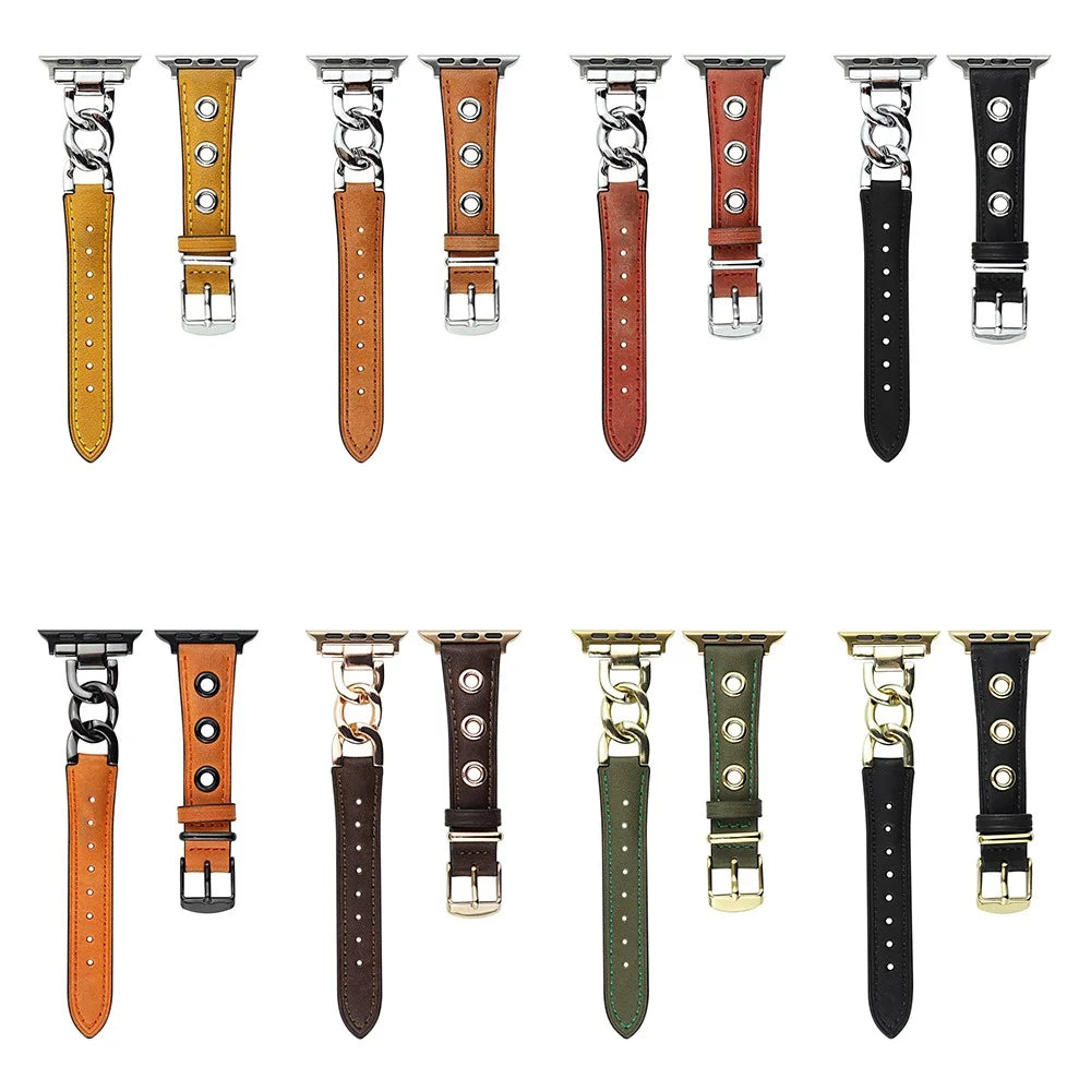 Watch Strap for Apple Watch Series 11 10 42mm / 9 8 7 41mm / SE3 SE2 SE 6 5 4 40mm / 3 2 1 38mm Watch Band Genuine Cow Leather Chain Hole Strap - Black+Silver Buckle - 3