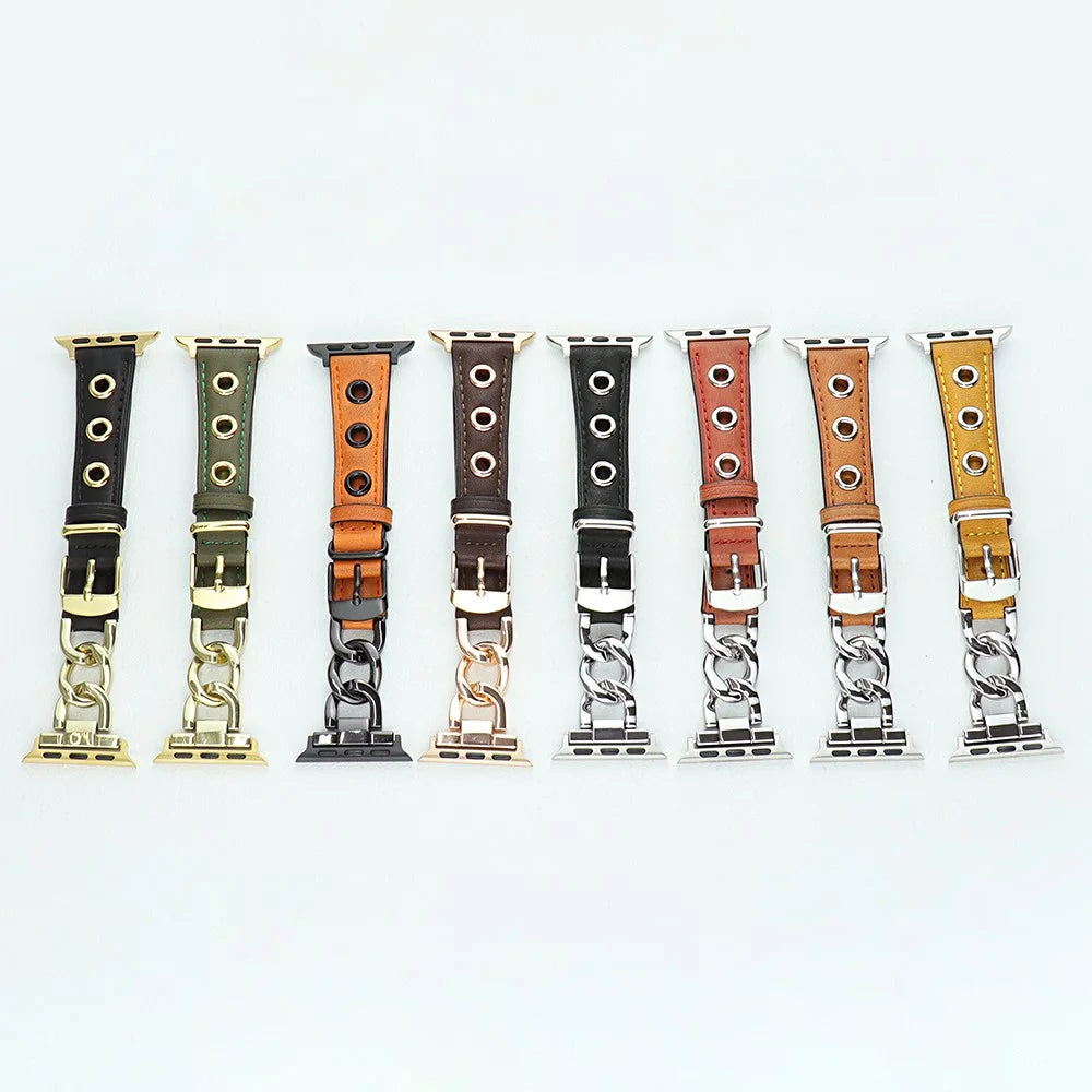 Watch Strap for Apple Watch Series 11 10 42mm / 9 8 7 41mm / SE3 SE2 SE 6 5 4 40mm / 3 2 1 38mm Watch Band Genuine Cow Leather Chain Hole Strap - Black+Silver Buckle - 4