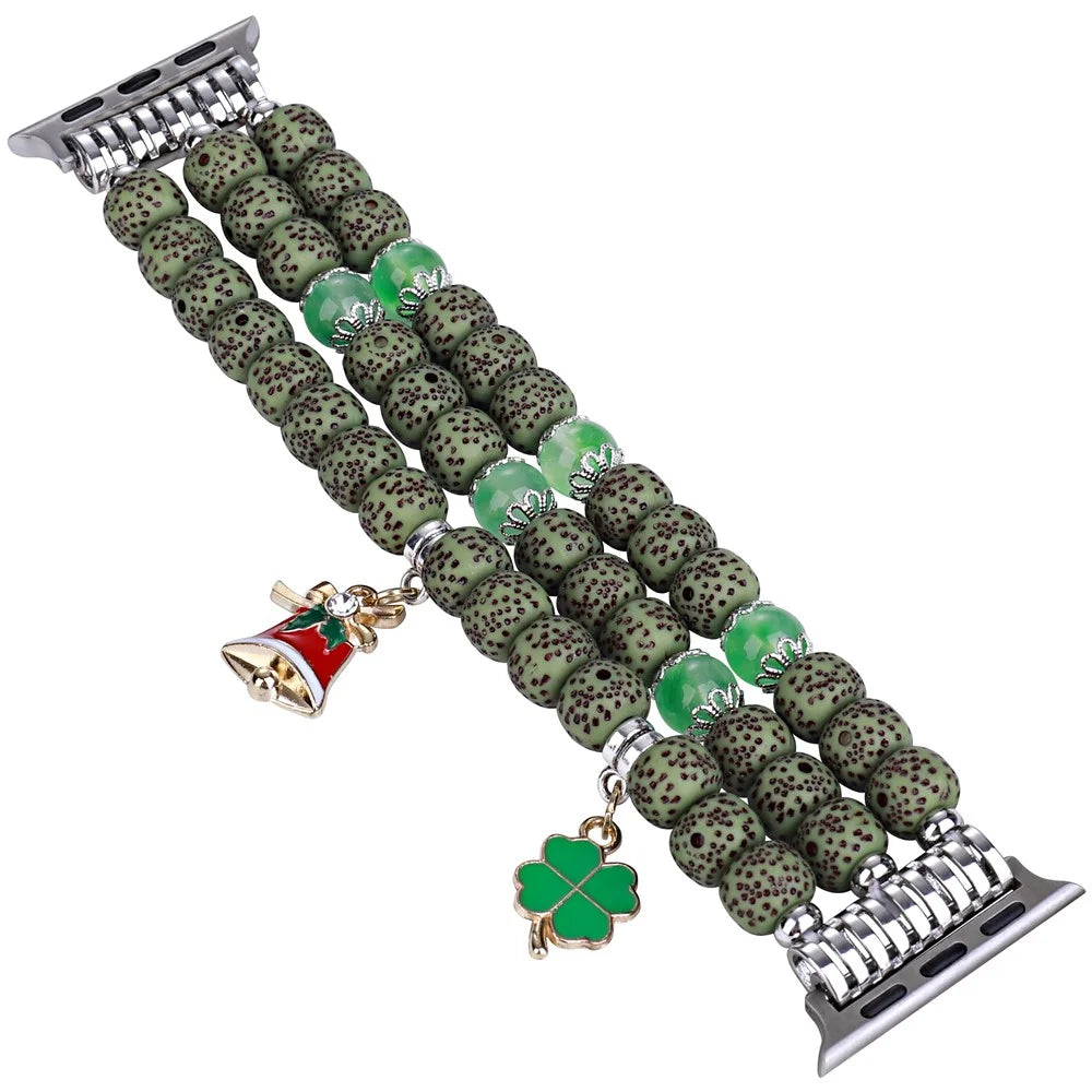 Watch Band for Apple Watch Ultra 3 2 1 49mm / Series 11 10 46mm / 9 8 7 45mm / SE3 SE2 SE 6 5 4 44mm / 3 2 1 42mm , Color Bodhi-Shape Beaded Strap - Green - 2