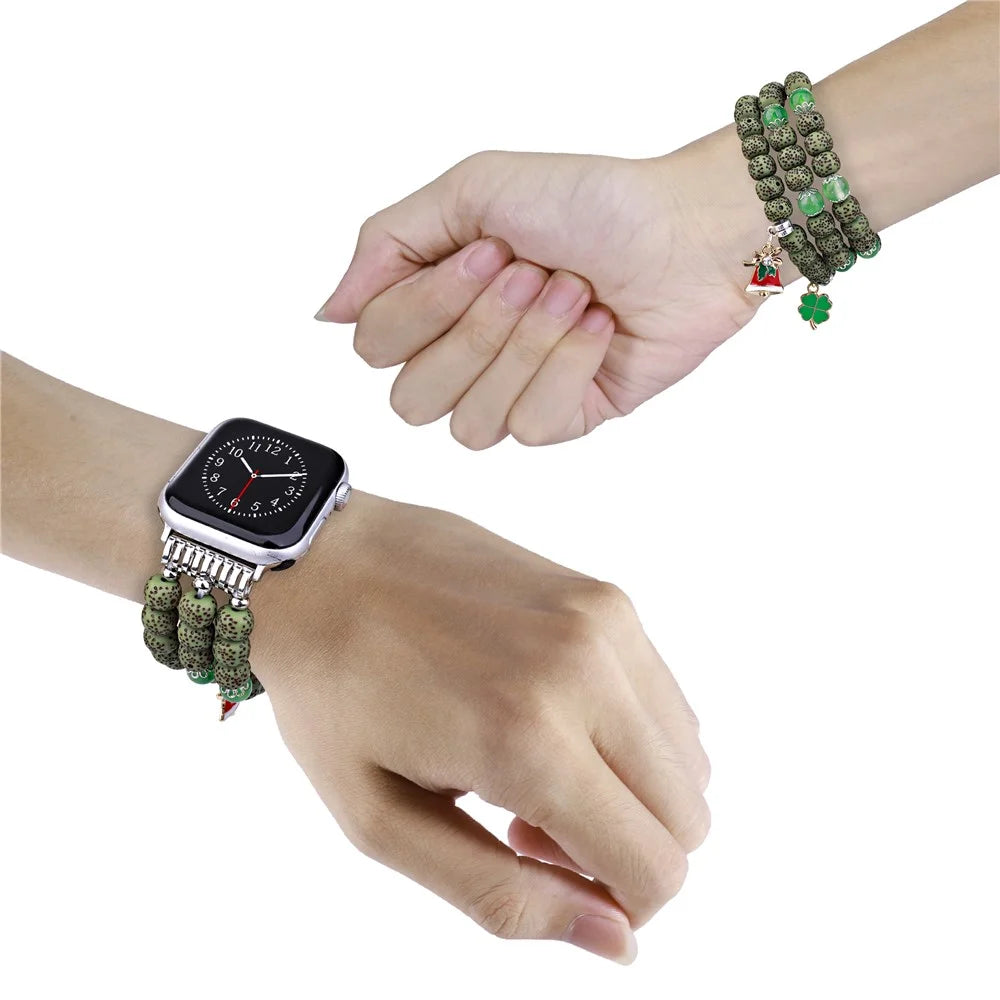 Watch Band for Apple Watch Ultra 3 2 1 49mm / Series 11 10 46mm / 9 8 7 45mm / SE3 SE2 SE 6 5 4 44mm / 3 2 1 42mm , Color Bodhi-Shape Beaded Strap - Green - 3