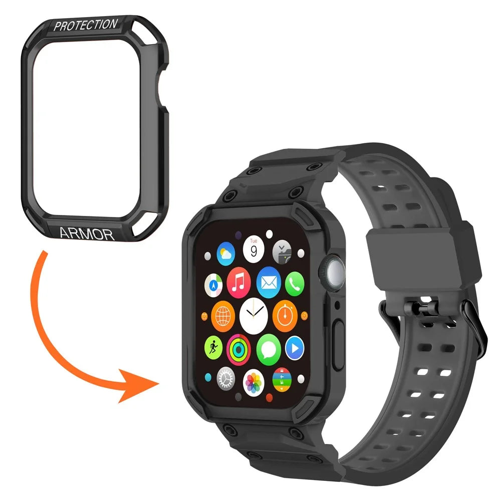 For Apple Watch Series 8 / 7 45mm / 6 / 5 / 4 / SE / SE (2022) 44mm 2-in-1 TPU Watchband Watch Case with PC Top Cover - Black+Black - 5