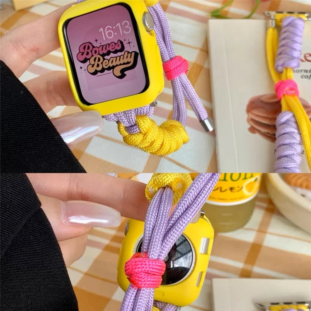 Watch Strap for Apple Watch Series 11 10 42mm / 9 8 7 41mm / SE3 SE2 SE 6 5 4 40mm / 3 2 1 38mm Watch Strap Nylon Braided Knot Adjustable Band - Purple+Yellow - 5