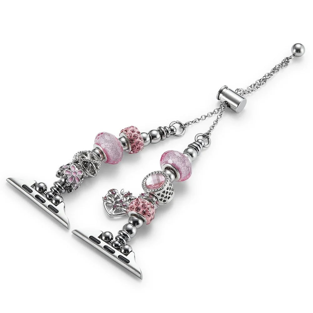 Beaded Bracelet Band for Apple Watch Series 11 10 42mm / 9 8 7 41mm / SE3 SE2 SE 6 5 4 40mm / 3 2 1 38mm Jewelry Watch Strap - Pink / Heart - 1