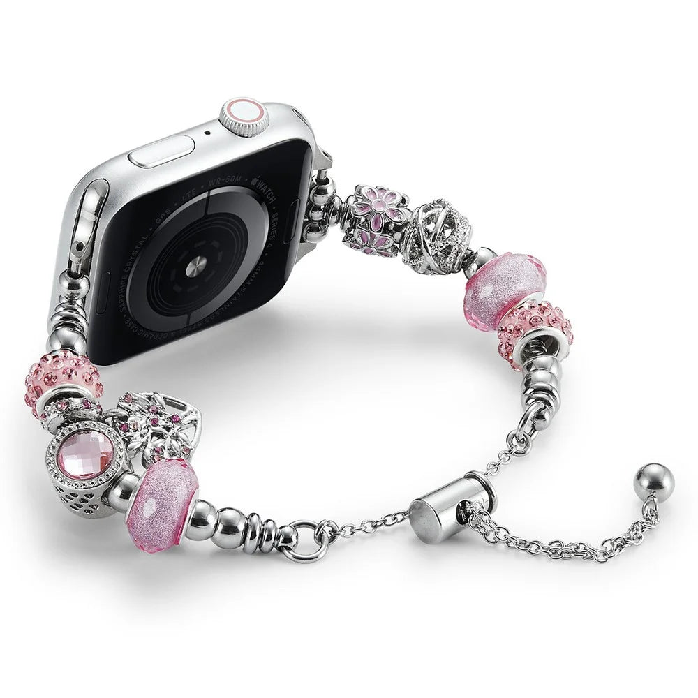 Beaded Bracelet Band for Apple Watch Series 11 10 42mm / 9 8 7 41mm / SE3 SE2 SE 6 5 4 40mm / 3 2 1 38mm Jewelry Watch Strap - Pink / Heart - 3