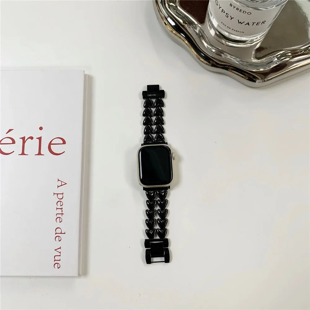 Metal Watch Band for Apple Watch Ultra 3 2 1 49mm / Series 11 10 46mm / 9 8 7 45mm / SE3 SE2 SE 6 5 4 44mm / 3 2 1 42mm , Double-Row Heart Bracelet Strap - Black - 3