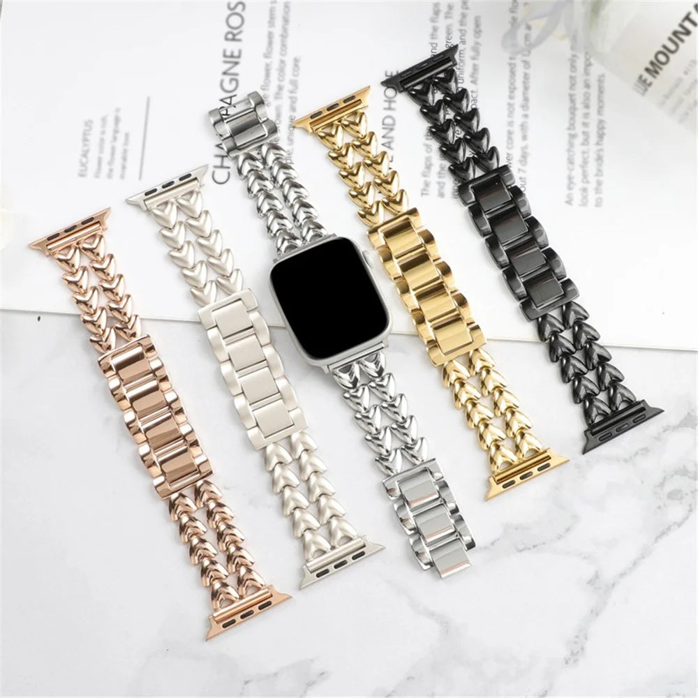 Metal Watch Band for Apple Watch Ultra 3 2 1 49mm / Series 11 10 46mm / 9 8 7 45mm / SE3 SE2 SE 6 5 4 44mm / 3 2 1 42mm , Double-Row Heart Bracelet Strap - Black - 5