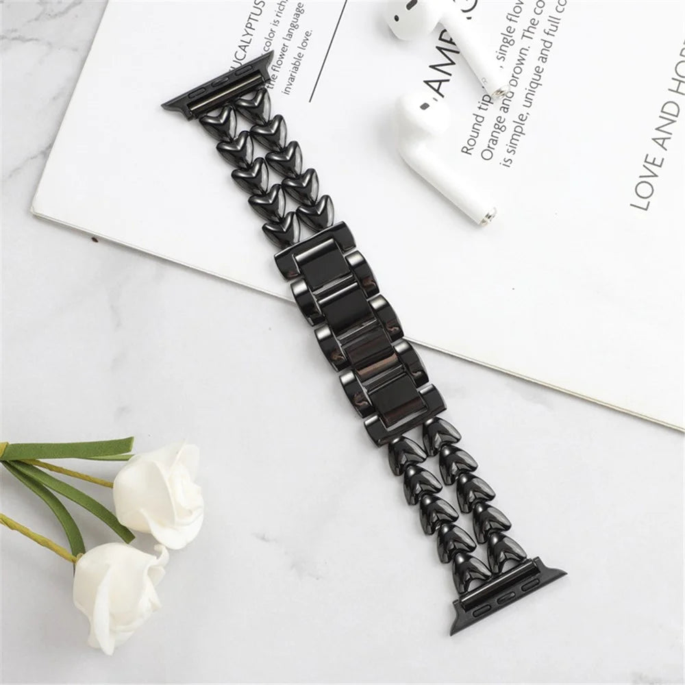 Metal Band for Apple Watch Series 11 10 42mm / 9 8 7 41mm / SE3 SE2 SE 6 5 4 40mm / 3 2 1 38mm Double-Row Heart Alloy Watch Strap - Black - 2