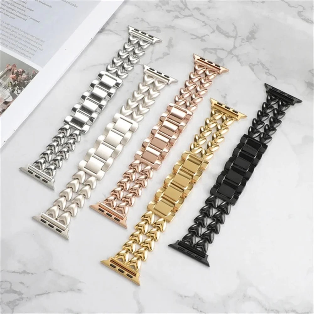 Metal Band for Apple Watch Series 11 10 42mm / 9 8 7 41mm / SE3 SE2 SE 6 5 4 40mm / 3 2 1 38mm Double-Row Heart Alloy Watch Strap - Black - 4