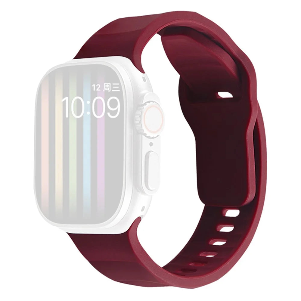 For Apple Watch Ultra 3 2 1 49mm / Series 11 10 46mm / 9 8 7 45mm / SE3 SE2 SE 6 5 4 44mm / 3 2 1 42mm Silicone Watch Band Wavy Square Buckle Watch Strap - Wine Red - 1