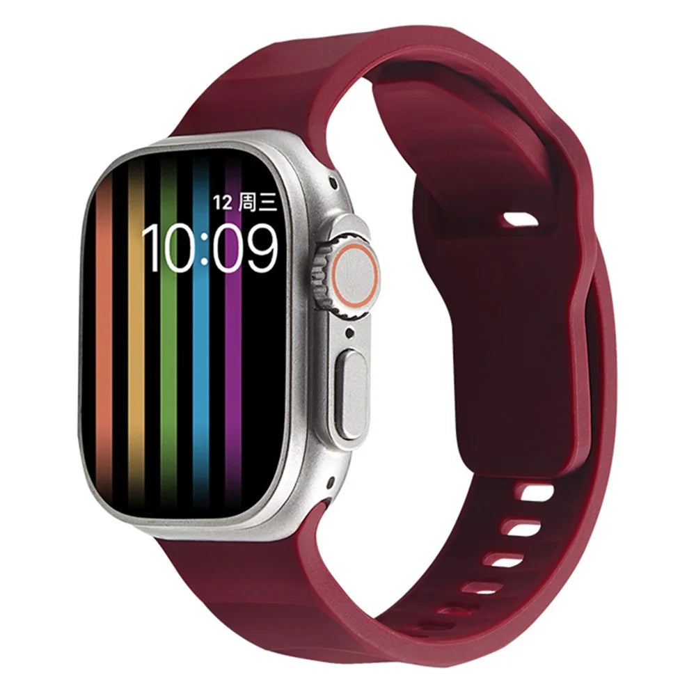 For Apple Watch Ultra 3 2 1 49mm / Series 11 10 46mm / 9 8 7 45mm / SE3 SE2 SE 6 5 4 44mm / 3 2 1 42mm Silicone Watch Band Wavy Square Buckle Watch Strap - Wine Red - 2