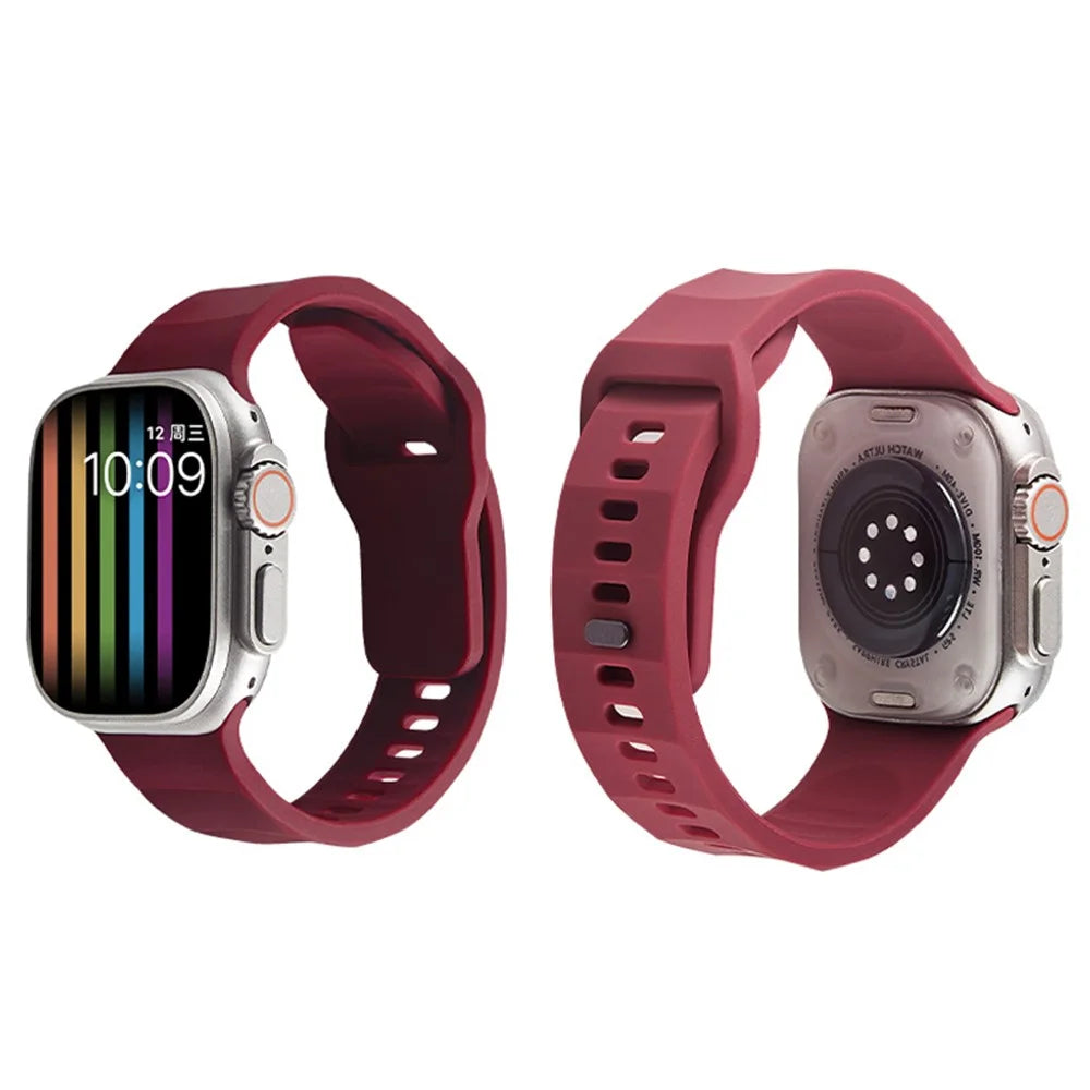 For Apple Watch Ultra 3 2 1 49mm / Series 11 10 46mm / 9 8 7 45mm / SE3 SE2 SE 6 5 4 44mm / 3 2 1 42mm Silicone Watch Band Wavy Square Buckle Watch Strap - Wine Red - 3
