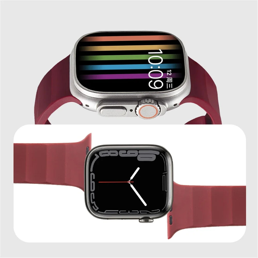 For Apple Watch Ultra 3 2 1 49mm / Series 11 10 46mm / 9 8 7 45mm / SE3 SE2 SE 6 5 4 44mm / 3 2 1 42mm Silicone Watch Band Wavy Square Buckle Watch Strap - Wine Red - 4