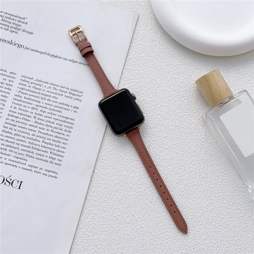 For Apple Watch Ultra 3 2 1 49mm / Series 11 10 46mm / 9 8 7 45mm / SE3 SE2 SE 6 5 4 44mm / 3 2 1 42mm Slim Watch Strap Genuine Cow Leather Watch Band - Deep Pink - 2
