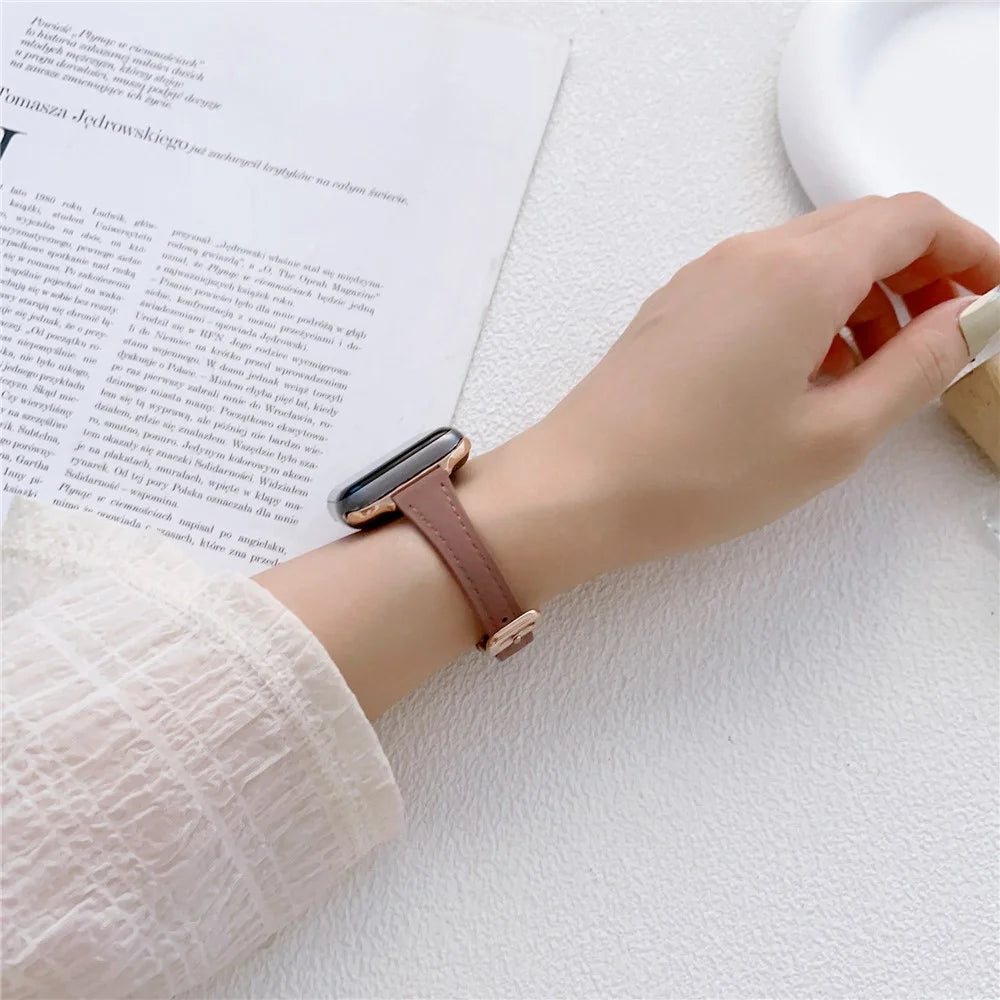 For Apple Watch Ultra 3 2 1 49mm / Series 11 10 46mm / 9 8 7 45mm / SE3 SE2 SE 6 5 4 44mm / 3 2 1 42mm Slim Watch Strap Genuine Cow Leather Watch Band - Deep Pink - 4