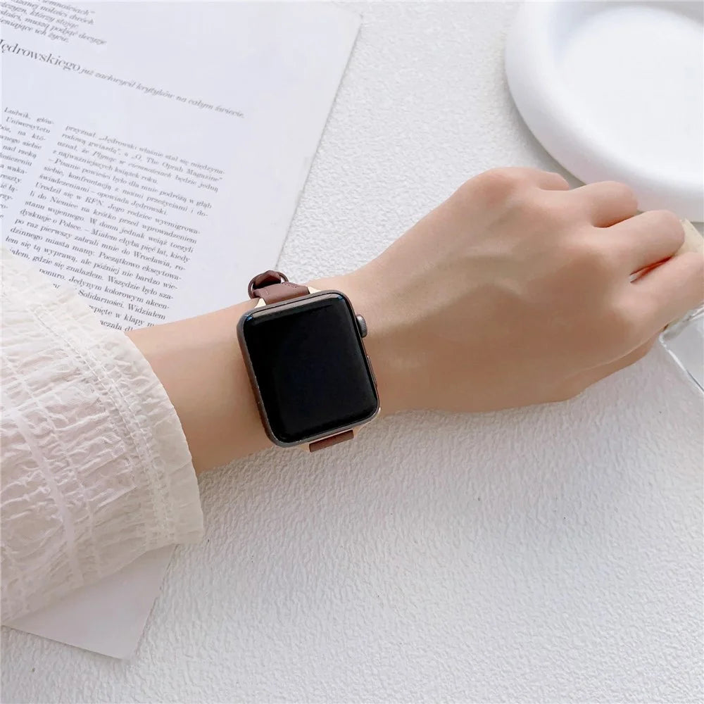 For Apple Watch Ultra 3 2 1 49mm / Series 11 10 46mm / 9 8 7 45mm / SE3 SE2 SE 6 5 4 44mm / 3 2 1 42mm Slim Watch Strap Genuine Cow Leather Watch Band - Deep Pink - 5