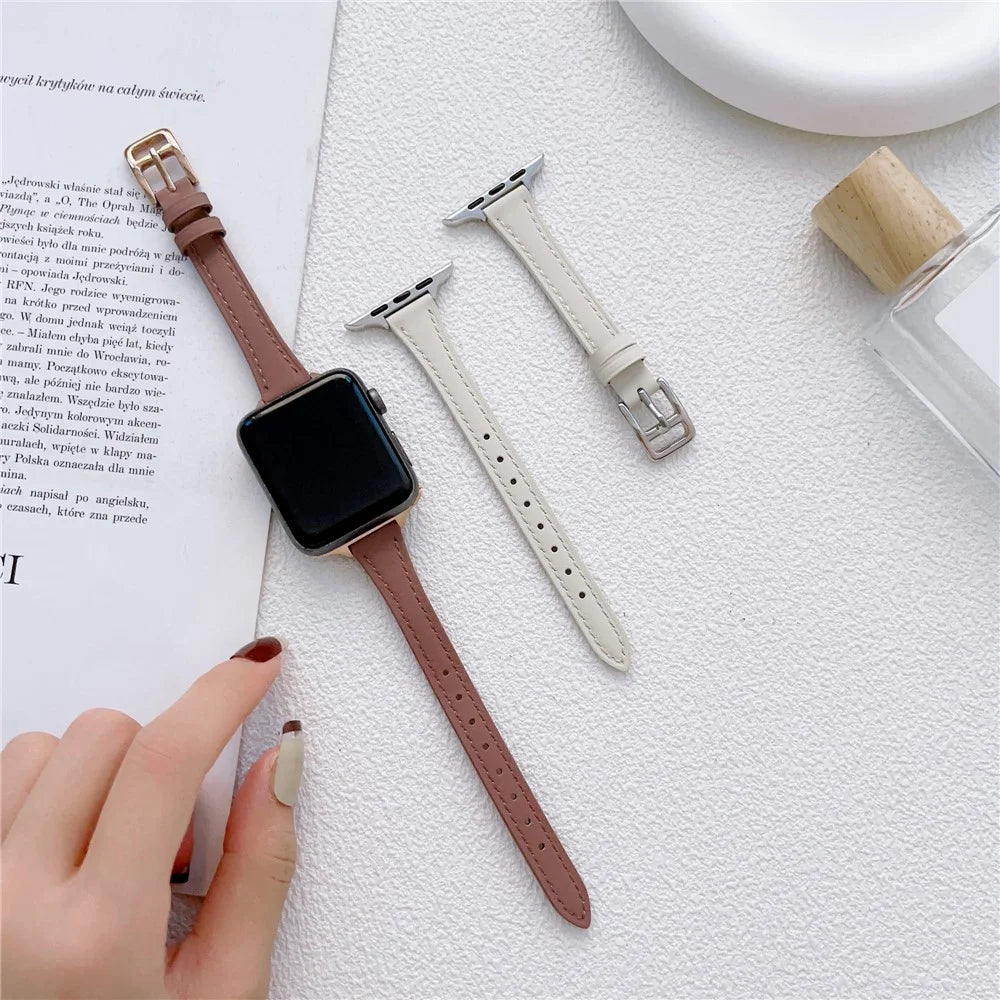 For Apple Watch Ultra 3 2 1 49mm / Series 11 10 46mm / 9 8 7 45mm / SE3 SE2 SE 6 5 4 44mm / 3 2 1 42mm Slim Watch Strap Genuine Cow Leather Watch Band - Deep Pink - 6