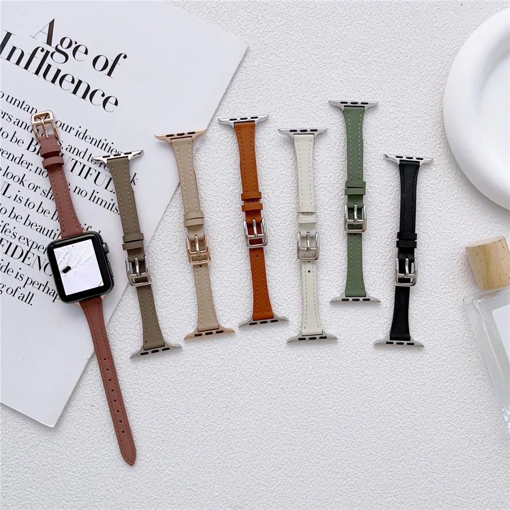 For Apple Watch Ultra 3 2 1 49mm / Series 11 10 46mm / 9 8 7 45mm / SE3 SE2 SE 6 5 4 44mm / 3 2 1 42mm Slim Watch Strap Genuine Cow Leather Watch Band - Deep Pink - 7