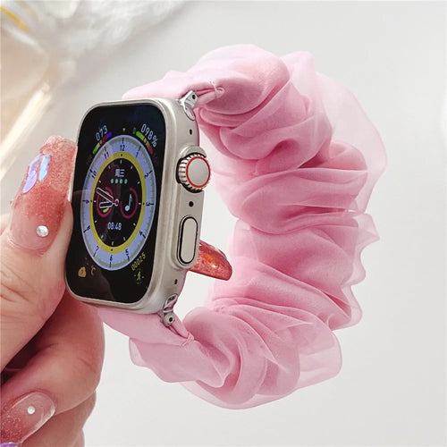 For Apple Watch Ultra 3 2 1 49mm / Series 11 10 46mm / 9 8 7 45mm / SE3 SE2 SE 6 5 4 44mm / 3 2 1 42mm Hair Band Style Watch Strap AW Organza Watch Band - Pink - 1