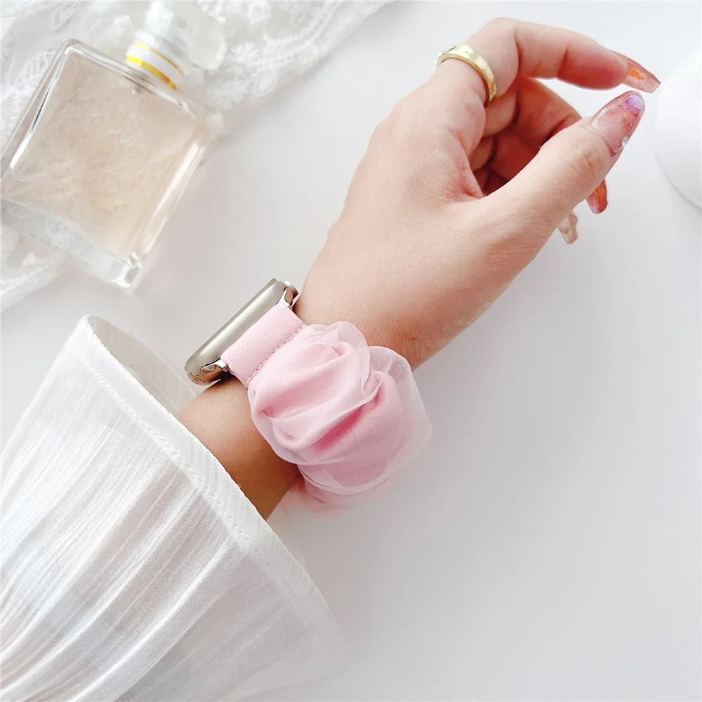 For Apple Watch Ultra 3 2 1 49mm / Series 11 10 46mm / 9 8 7 45mm / SE3 SE2 SE 6 5 4 44mm / 3 2 1 42mm Hair Band Style Watch Strap AW Organza Watch Band - Pink - 3