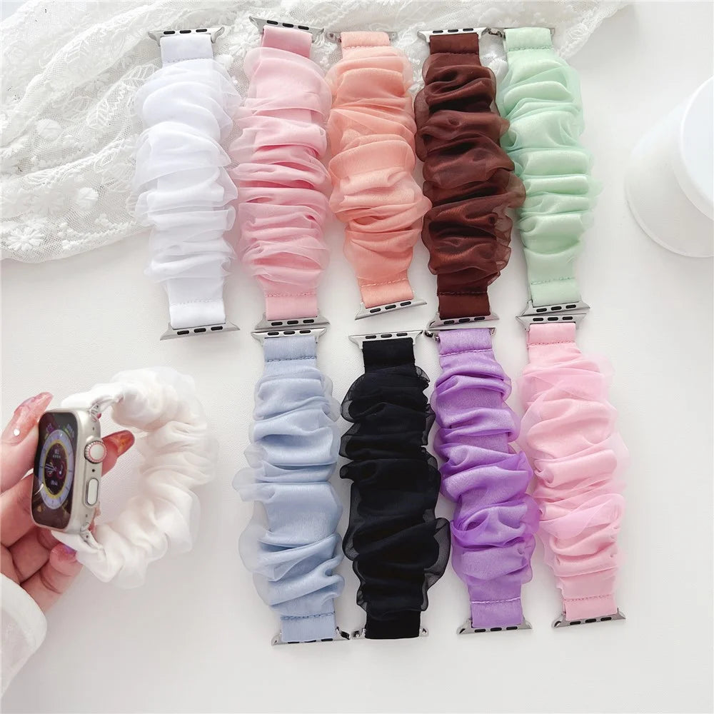 For Apple Watch Ultra 3 2 1 49mm / Series 11 10 46mm / 9 8 7 45mm / SE3 SE2 SE 6 5 4 44mm / 3 2 1 42mm Hair Band Style Watch Strap AW Organza Watch Band - Pink - 5