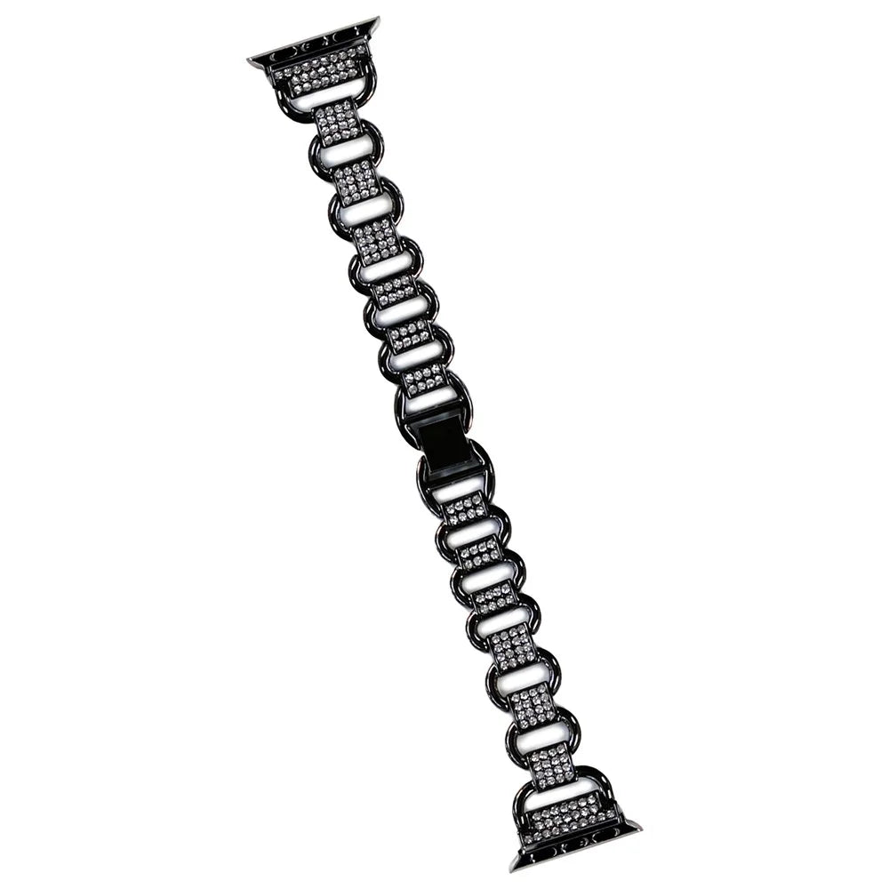 For Apple Watch Ultra 3 2 1 49mm / Series 11 10 46mm / 9 8 7 45mm / SE3 SE2 SE 6 5 4 44mm / 3 2 1 42mm AW Metal Watch Strap Rhinestone Decor Hollow Watchband - Black - 1