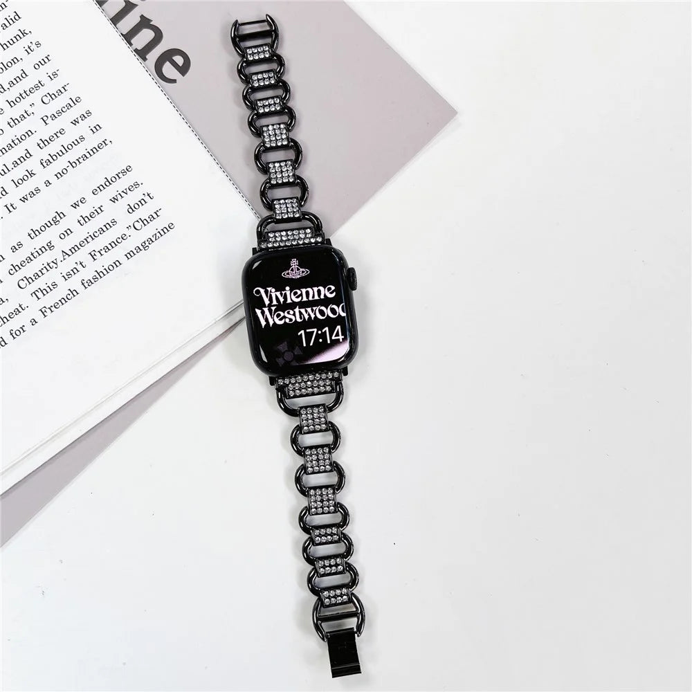 For Apple Watch Ultra 3 2 1 49mm / Series 11 10 46mm / 9 8 7 45mm / SE3 SE2 SE 6 5 4 44mm / 3 2 1 42mm AW Metal Watch Strap Rhinestone Decor Hollow Watchband - Black - 2