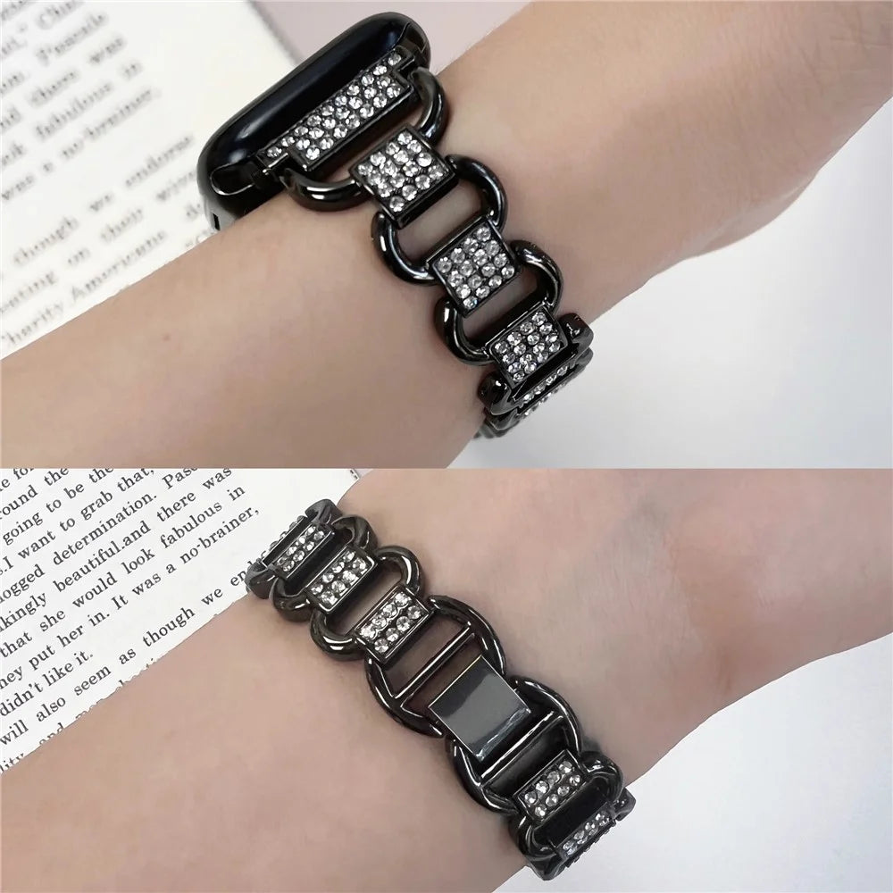 For Apple Watch Ultra 3 2 1 49mm / Series 11 10 46mm / 9 8 7 45mm / SE3 SE2 SE 6 5 4 44mm / 3 2 1 42mm AW Metal Watch Strap Rhinestone Decor Hollow Watchband - Black - 3