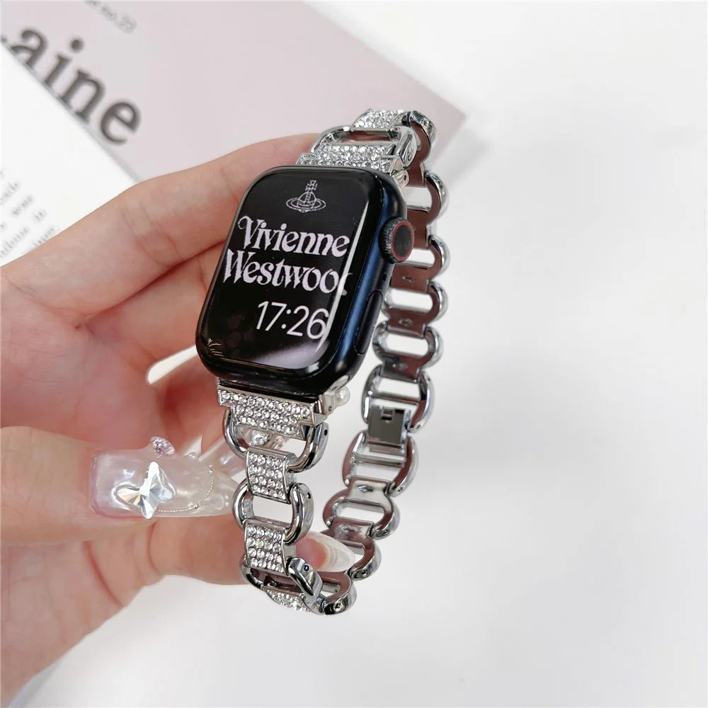For Apple Watch Ultra 3 2 1 49mm / Series 11 10 46mm / 9 8 7 45mm / SE3 SE2 SE 6 5 4 44mm / 3 2 1 42mm AW Metal Watch Strap Rhinestone Decor Hollow Watchband - Black - 4
