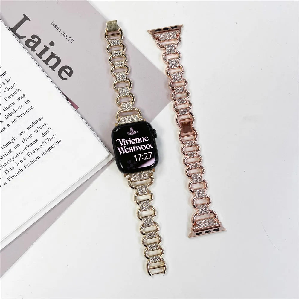 For Apple Watch Ultra 3 2 1 49mm / Series 11 10 46mm / 9 8 7 45mm / SE3 SE2 SE 6 5 4 44mm / 3 2 1 42mm AW Metal Watch Strap Rhinestone Decor Hollow Watchband - Black - 5