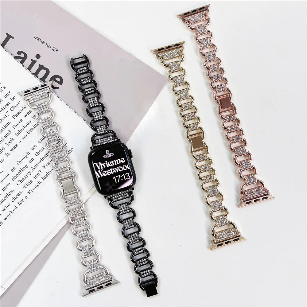 For Apple Watch Ultra 3 2 1 49mm / Series 11 10 46mm / 9 8 7 45mm / SE3 SE2 SE 6 5 4 44mm / 3 2 1 42mm AW Metal Watch Strap Rhinestone Decor Hollow Watchband - Black - 6