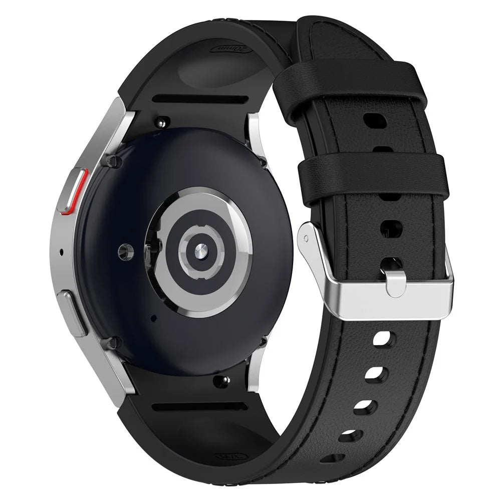SGW Watch Band for Samsung Galaxy Watch6 / Watch6 Classic / Watch 5 / Watch 5 Pro / Watch4 / Watch4 Classic , PU Leather Coated Silicone Wrist Strap with Silver Buckle - Black - 1