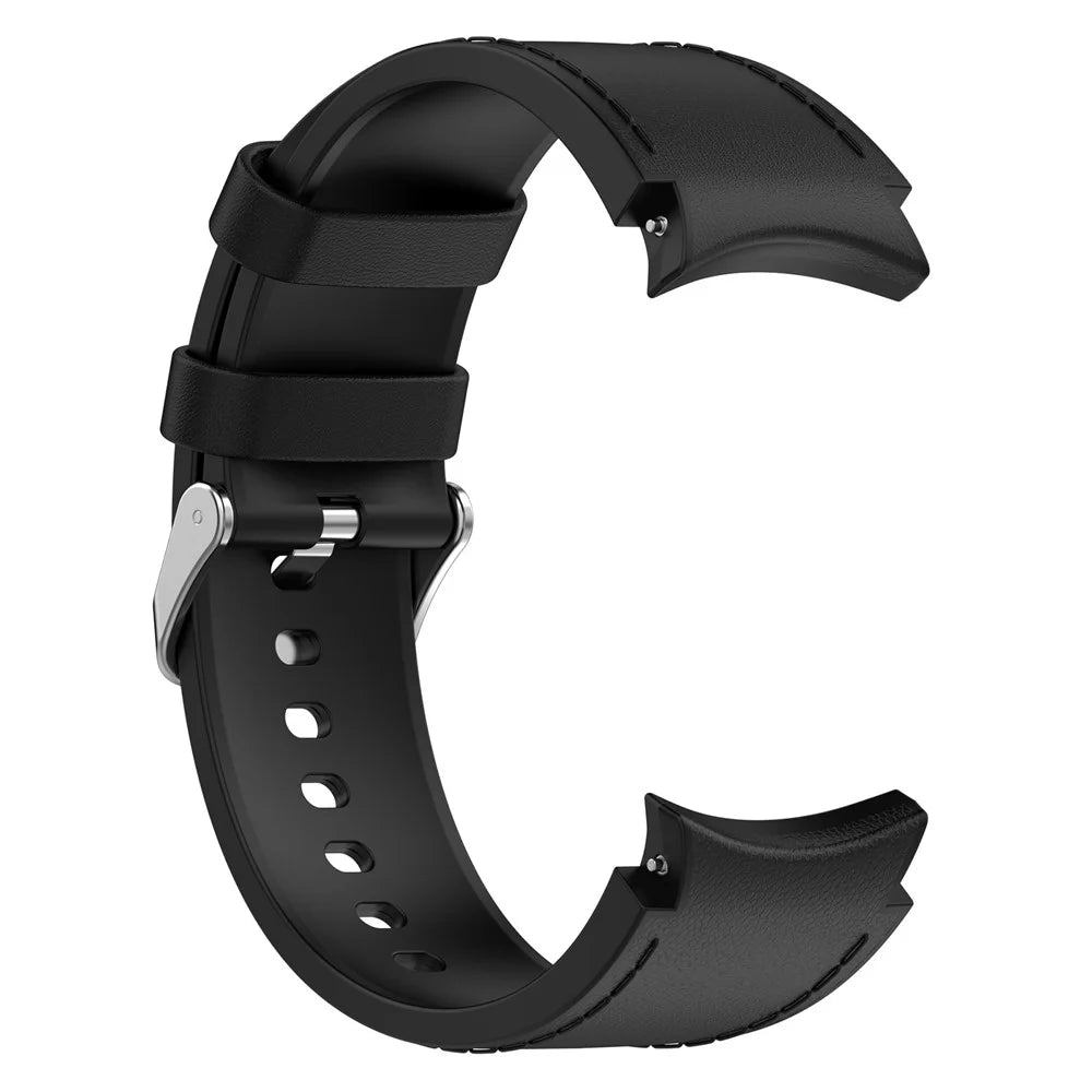 SGW Watch Band for Samsung Galaxy Watch6 / Watch6 Classic / Watch 5 / Watch 5 Pro / Watch4 / Watch4 Classic , PU Leather Coated Silicone Wrist Strap with Silver Buckle - Black - 3