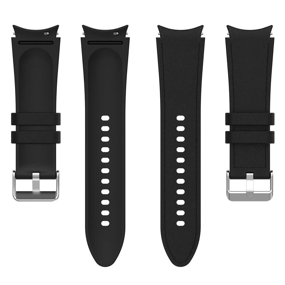 SGW Watch Band for Samsung Galaxy Watch6 / Watch6 Classic / Watch 5 / Watch 5 Pro / Watch4 / Watch4 Classic , PU Leather Coated Silicone Wrist Strap with Silver Buckle - Black - 4