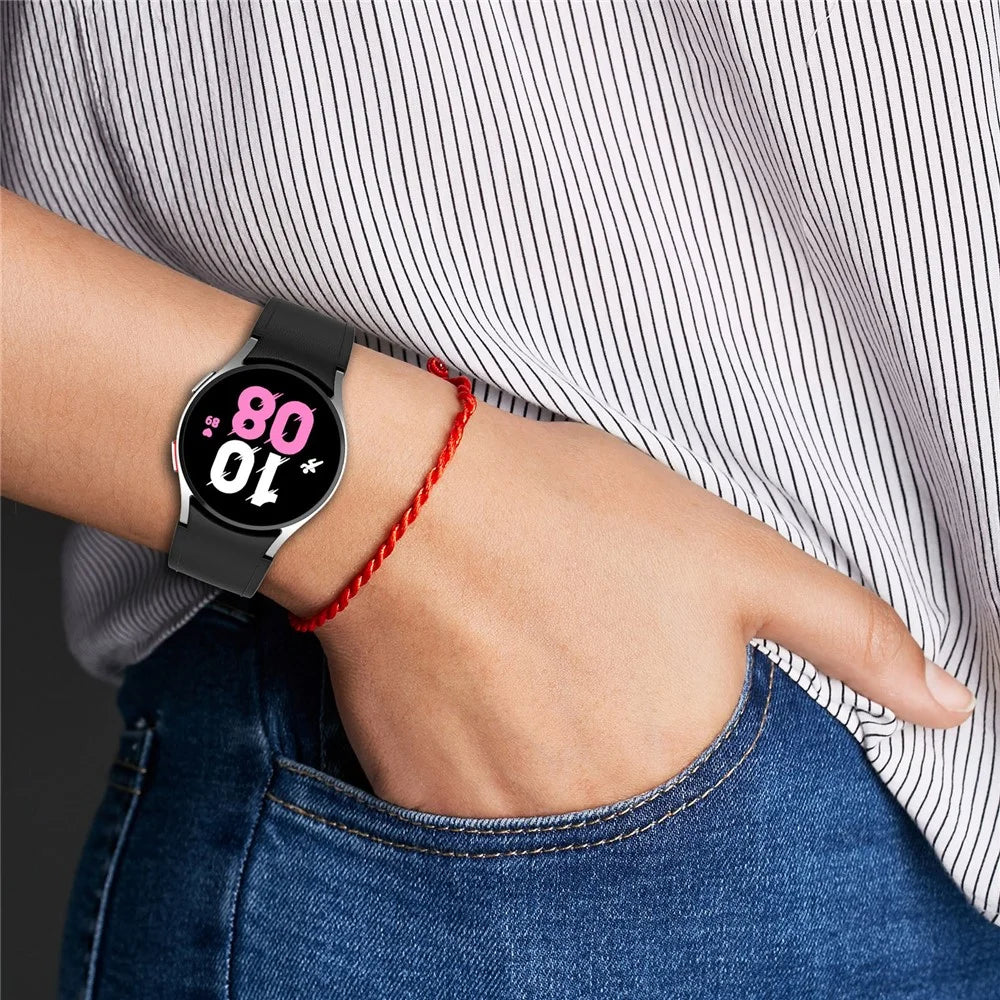 SGW Watch Band for Samsung Galaxy Watch6 / Watch6 Classic / Watch 5 / Watch 5 Pro / Watch4 / Watch4 Classic , PU Leather Coated Silicone Wrist Strap with Silver Buckle - Black - 6