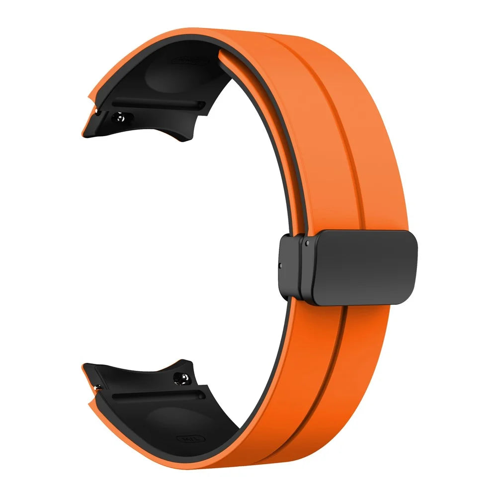 Silicone Watch Band for Samsung Galaxy Watch6 / Watch6 Classic / Watch 5 / Watch 5 Pro / Watch4 / Watch4 Classic , Magnetic Folding Buckle Dual-color Strap - Orange+Black - 1