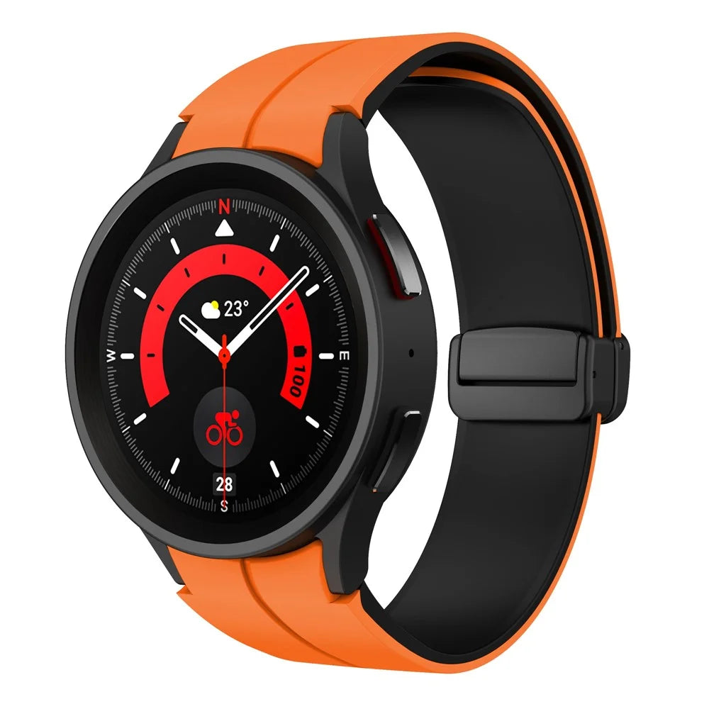 Silicone Watch Band for Samsung Galaxy Watch6 / Watch6 Classic / Watch 5 / Watch 5 Pro / Watch4 / Watch4 Classic , Magnetic Folding Buckle Dual-color Strap - Orange+Black - 4