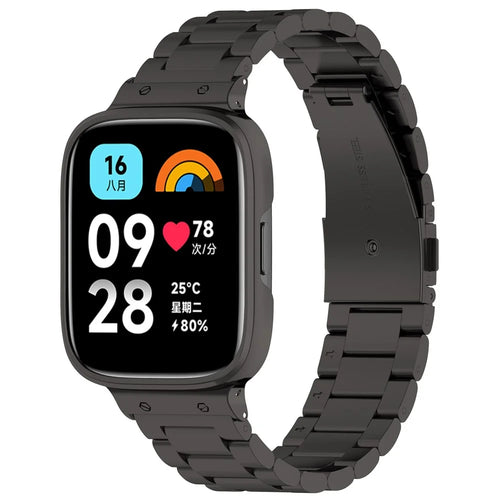 For Xiaomi Redmi Watch 3 Lite / Watch 3 Active Watch Band 3 Beads Metal Wrist Strap with Watch Case - Black - 1