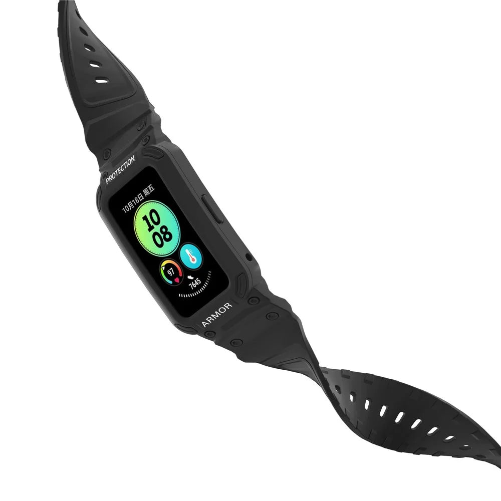 For Huawei Band 6 / Band 7 / Band 8 / Band 8 NFC / Band 9 / Band 9 NFC TPU Watch Strap + Hard PC Case Smartwatch Band - Black - 6