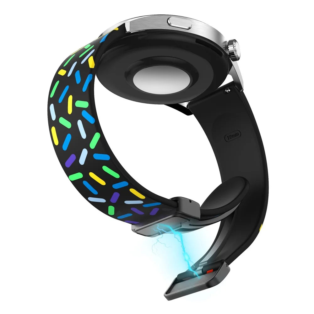 20mm Pattern Watch Bands for Samsung Galaxy Watch6 / Watch6 Classic / Watch 5 / Watch 5 Pro / Watch4 / Watch4 Classic , Silicone Strap with Black Magnetic Folding Buckle - Black Rainbow - 3