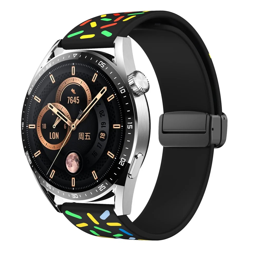 20mm Pattern Watch Bands for Samsung Galaxy Watch6 / Watch6 Classic / Watch 5 / Watch 5 Pro / Watch4 / Watch4 Classic , Silicone Strap with Black Magnetic Folding Buckle - Black Rainbow - 4