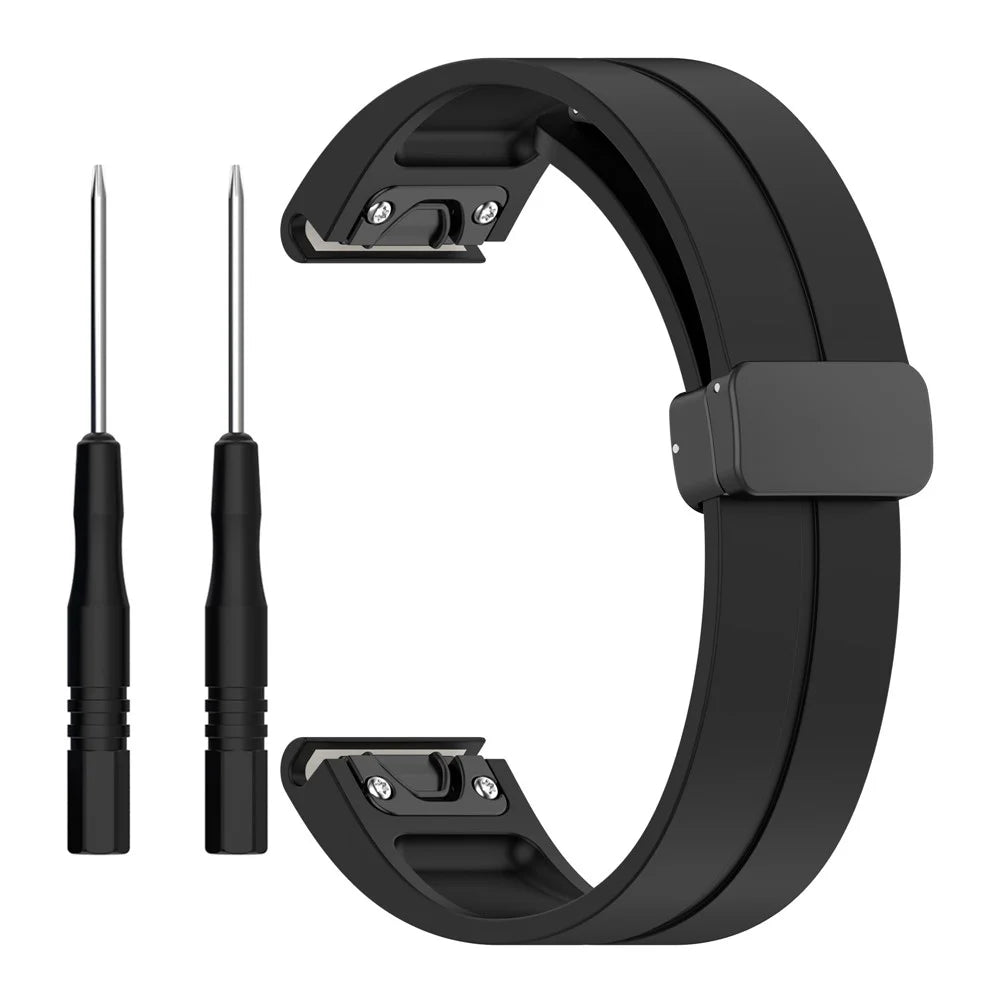 22mm Silicone Watch Band for Garmin Fenix 8 47mm / Quatix 7 Pro / Fenix 7 / 6 / 5 , Magnetic Folding Buckle Quick Release Strap with Tools - Black - 1