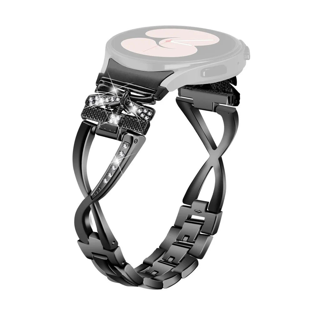 For Samsung Galaxy Watch4 40 / 44mm / Watch4 Classic 42 / 46mm / Watch 5 40 / 44mm Zinc Alloy Watchband with Connector, Rhinestones Decor Crown X-Shape Watch Strap - Black - 1