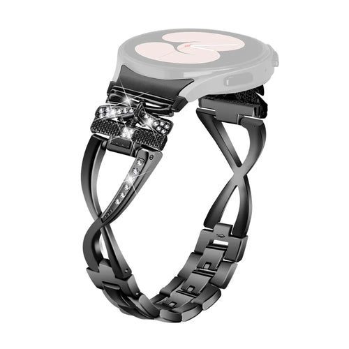 For Samsung Galaxy Watch4 40 / 44mm / Watch4 Classic 42 / 46mm / Watch 5 40 / 44mm Zinc Alloy Watchband with Connector, Rhinestones Decor Crown X-Shape Watch Strap - Black - 1