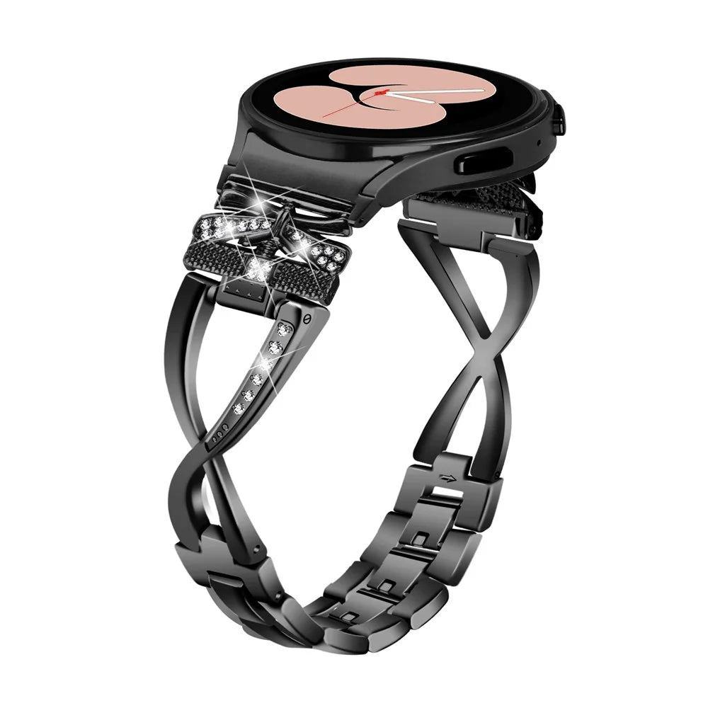 For Samsung Galaxy Watch4 40 / 44mm / Watch4 Classic 42 / 46mm / Watch 5 40 / 44mm Zinc Alloy Watchband with Connector, Rhinestones Decor Crown X-Shape Watch Strap - Black - 2