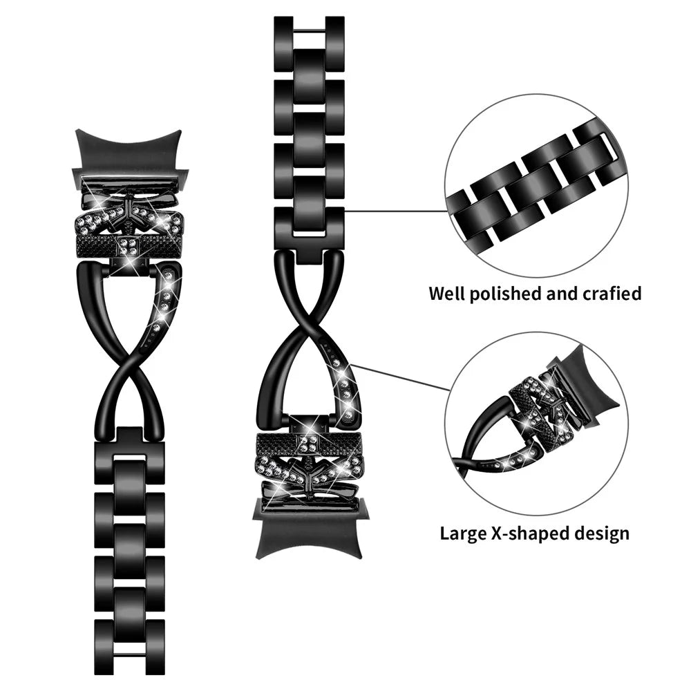 For Samsung Galaxy Watch4 40 / 44mm / Watch4 Classic 42 / 46mm / Watch 5 40 / 44mm Zinc Alloy Watchband with Connector, Rhinestones Decor Crown X-Shape Watch Strap - Black - 4