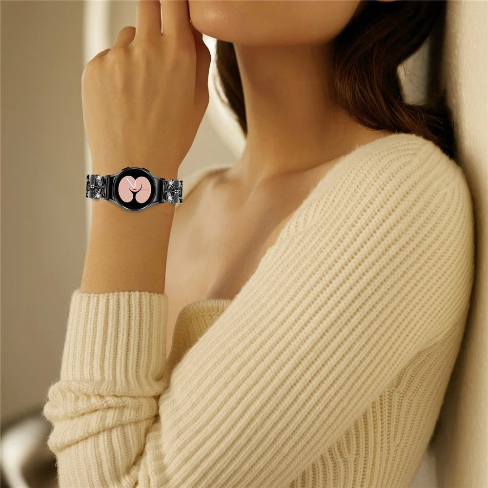 For Samsung Galaxy Watch4 40 / 44mm / Watch4 Classic 42 / 46mm / Watch 5 40 / 44mm Zinc Alloy Watchband with Connector, Rhinestones Decor Crown X-Shape Watch Strap - Black - 7
